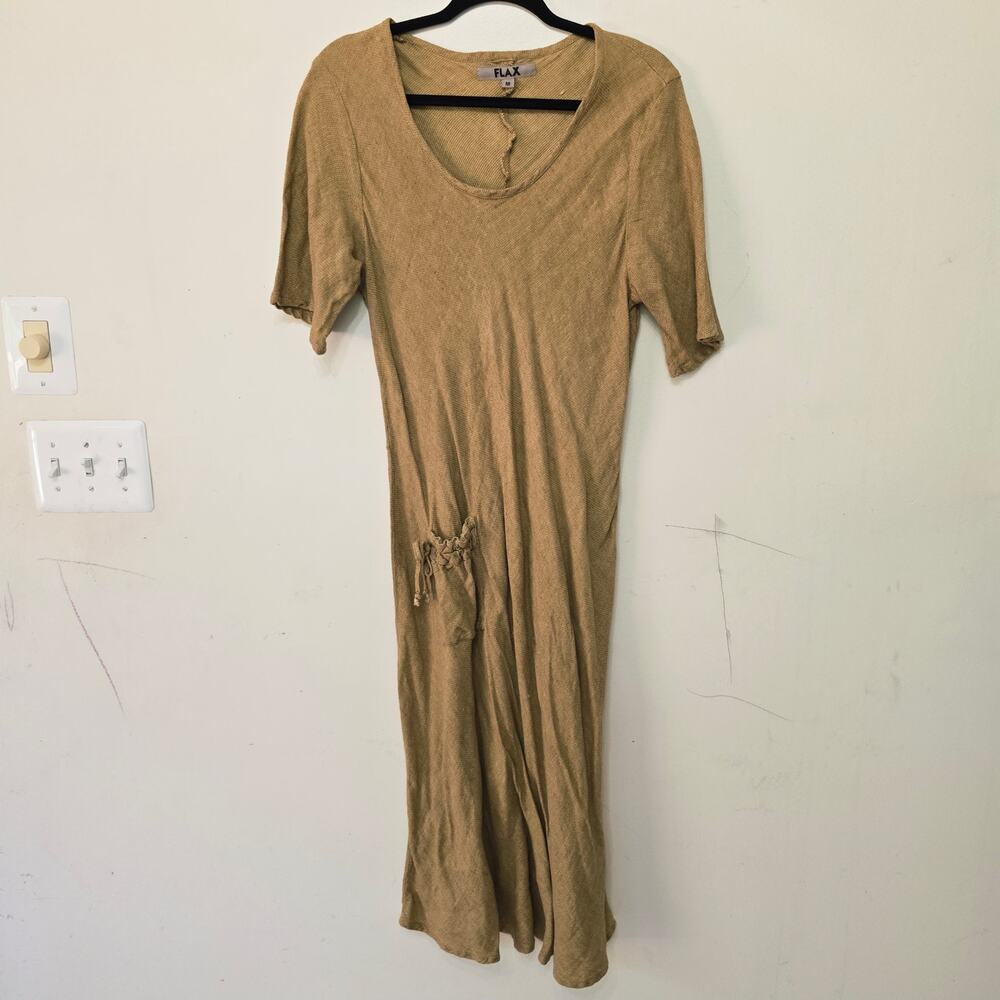 Flax Fit and Flare Midi Brown Linen Short Sleeves Dress Women's Size M